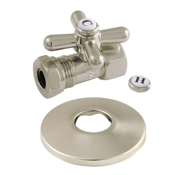 Kingston Brass 1/2" FIP x 1/2" or 7/16" Slip Joint Quarter-Turn Straight Stop Valve with Flange, Brushed Nickel CC44158XK - main